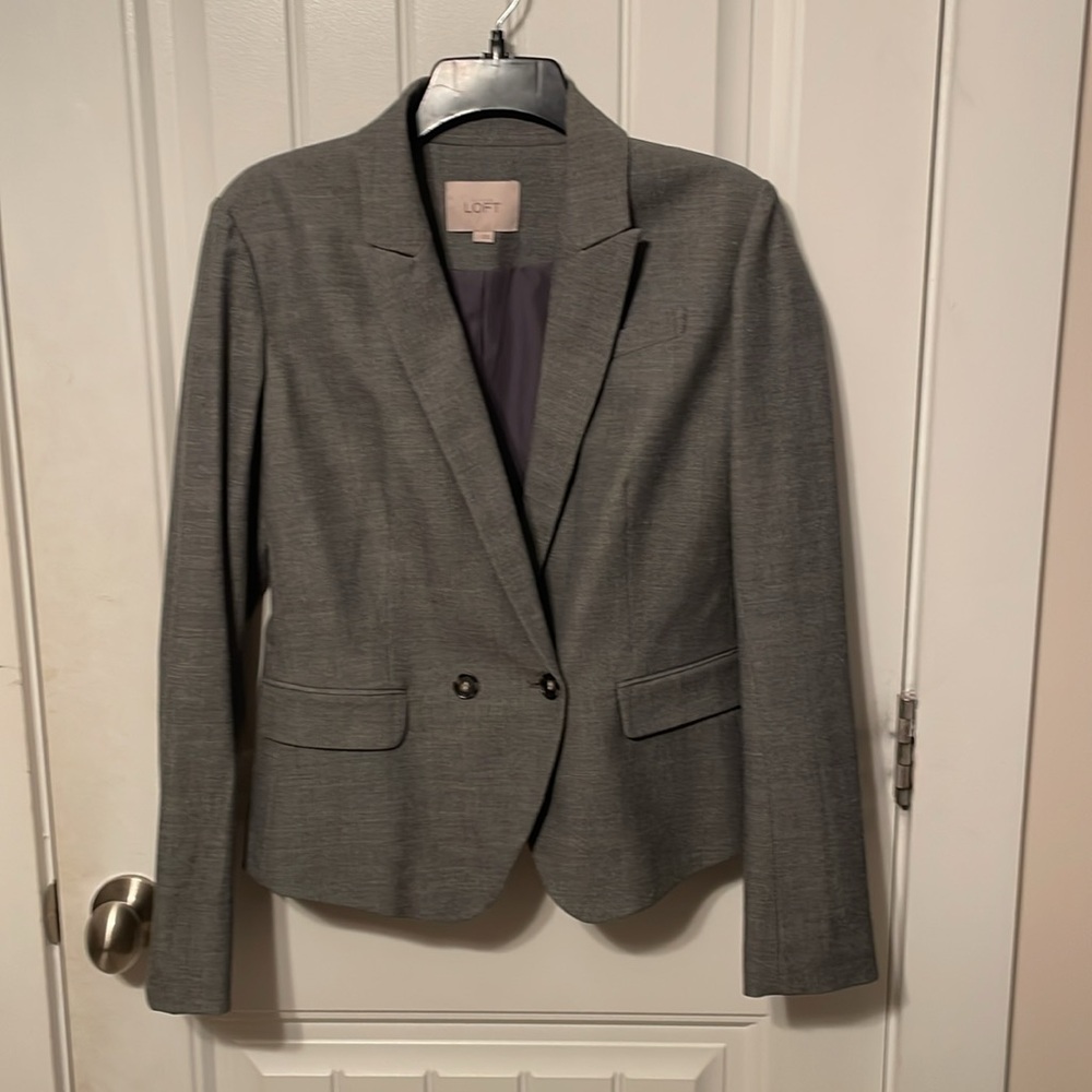 Ann Taylor Loft Blazer 2 Gray Button Up Career Jacket Linen Blend Long Sleeve